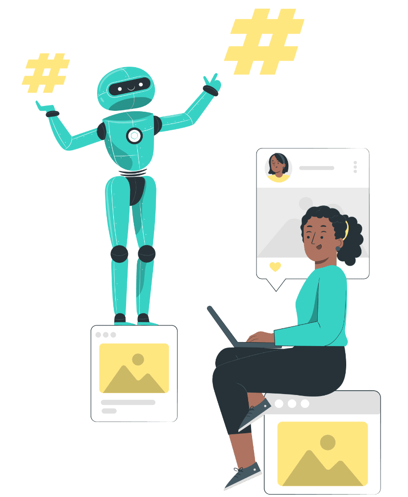 A woman writing social media posts with a robot throwing hashtags in the air.