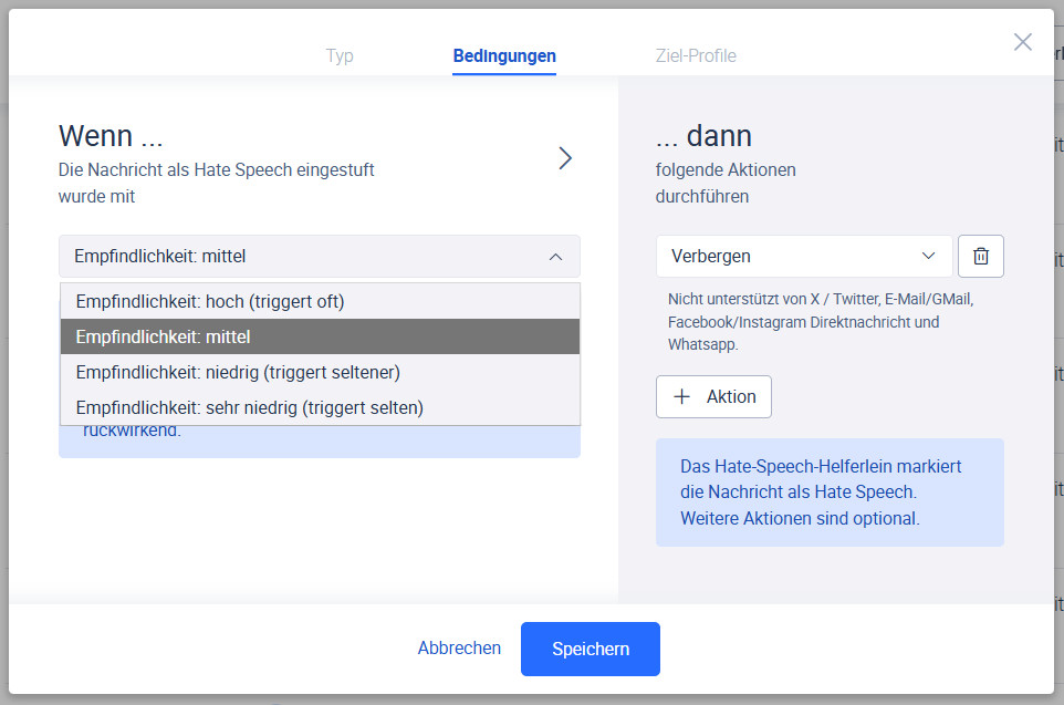 Festlegung der Empfindlichkeit des Hassrede-Detektors.