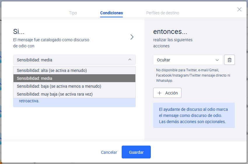 Establece la sensibilidad del detector de discurso de odio.