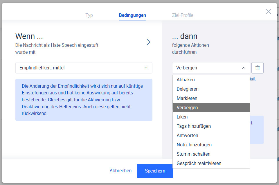 Auswahl der Aktion, die der kleine Helfer ausführen soll.