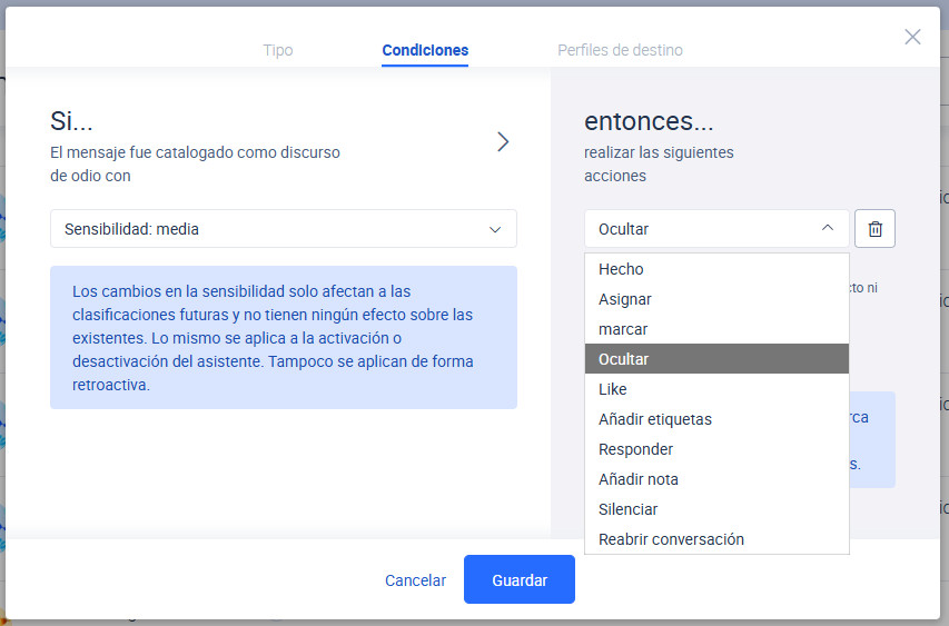 Selecciona la acción que el detector de discurso de odio tiene que llevar a cabo.