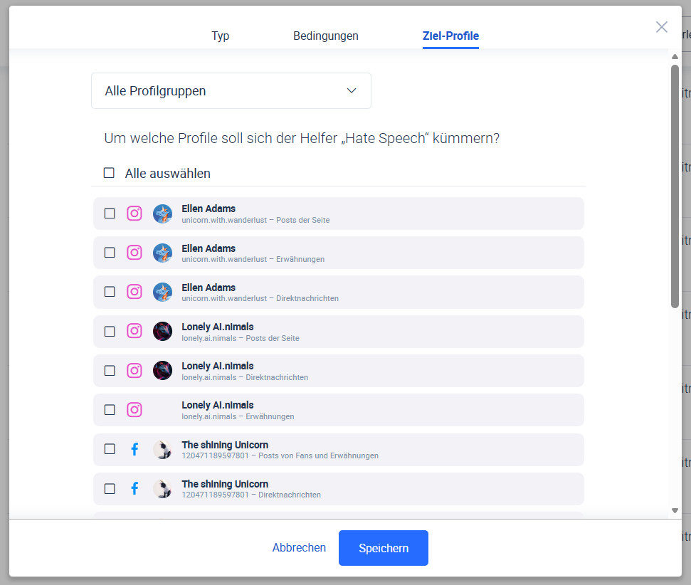 Auswahl der Profile, um die sich der kleine Helfer kümmern soll.