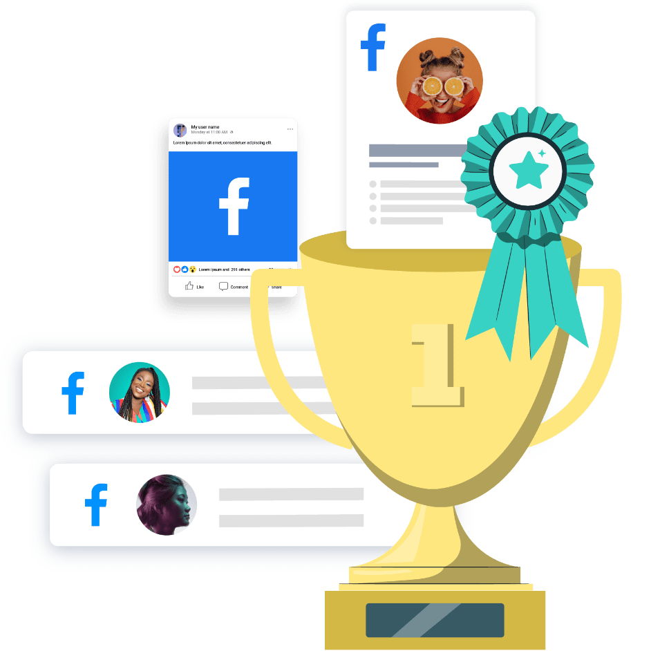 A trophy that shows various Facebook posts around it
