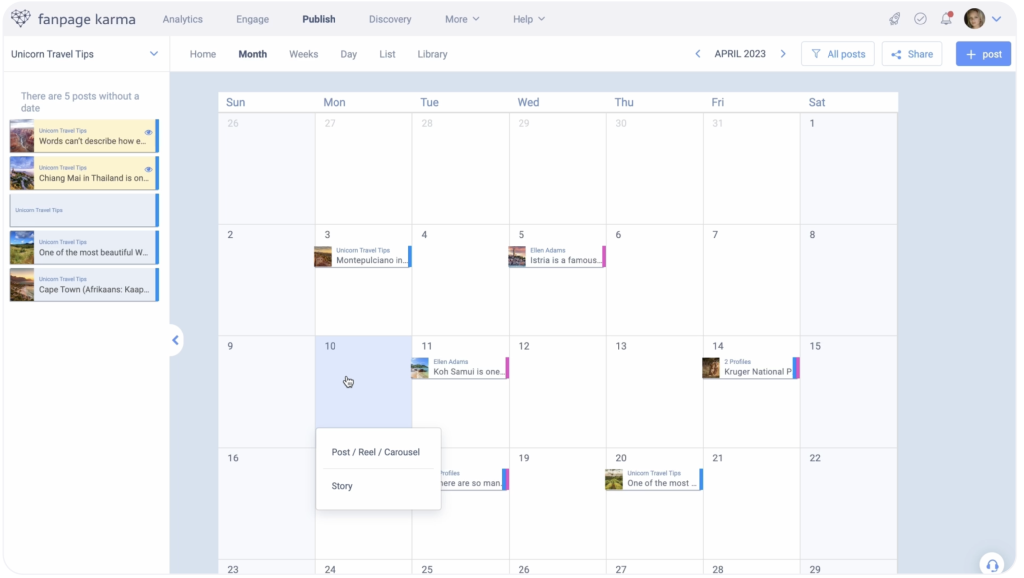 A view of the Fanpage Karma social media post calendar within the tool 