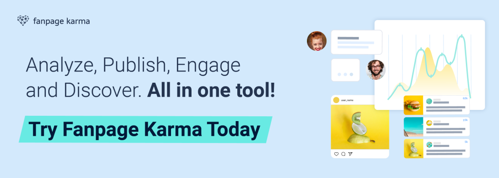 A banner with graphs and social media posts "Try Fanpage Karma Today" button and light background.