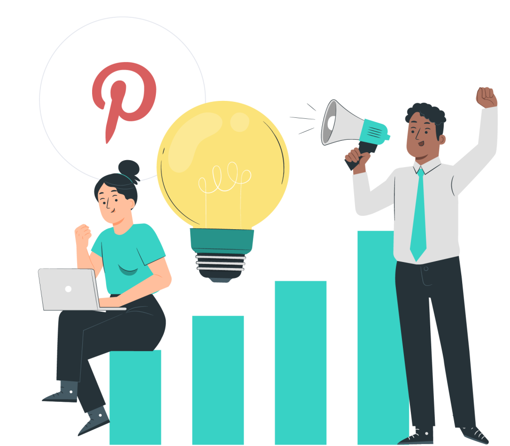 Two people sitting by a light bulb, a bar chart, and a Pinterest logo 
