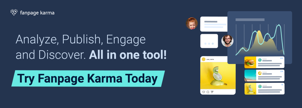 A banner with graphs and social media posts "Try Fanpage Karma Today" button and dark background.