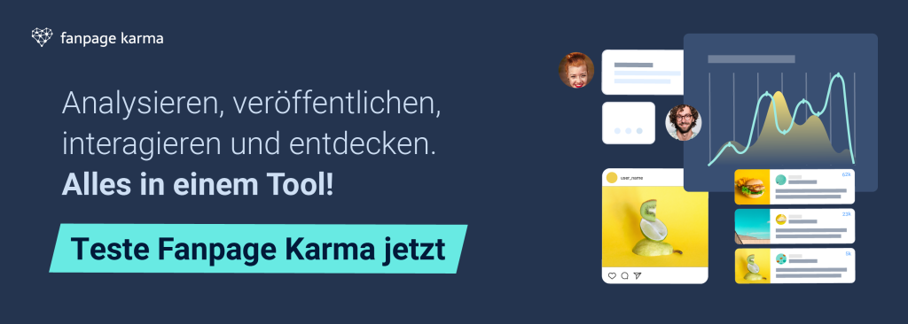 Ein Banner mit Graphen und Social-Media-Beiträgen, der Schaltfläche "Teste Fanpage Karma jetzt" und dunklem Hintergrund.