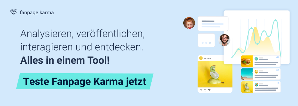Ein Banner mit Diagrammen und Social-Media-Beiträgen, der Schaltfläche "Teste Fanpage Karma jetzt" und hellem Hintergrund.