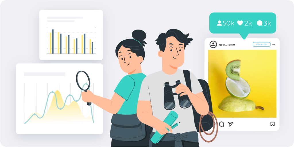 A social media post and graphs surrounding a woman with a magnifying glass and a man with binoculars.