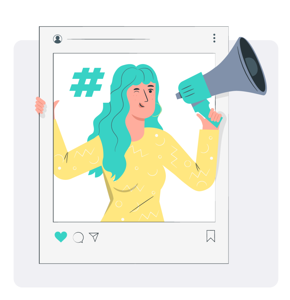 A woman holding a megaphone inside a social media post with a hashtag in the background.