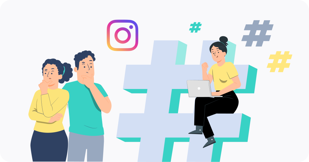 Three people around many hashtags with an Instagram symbol in the middle. 
