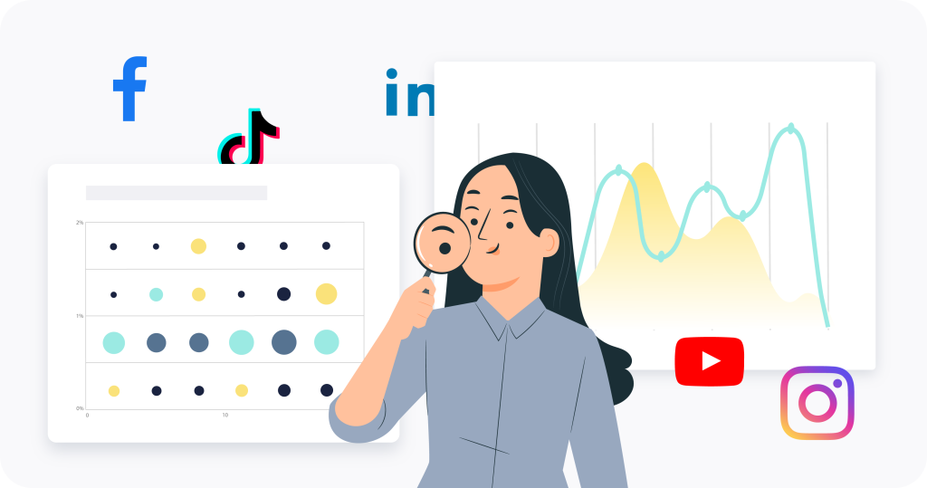 A woman with a magnifying glass around charts and graphs with social media symbols around her. 