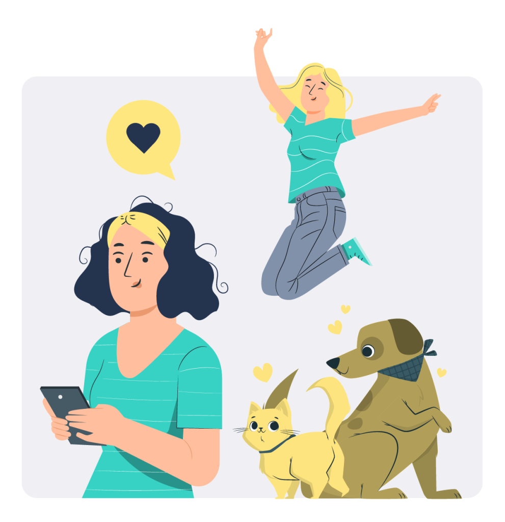 Una mujer en primer plano en su teléfono con una mujer en el fondo saltando junto a un gato y un perro.