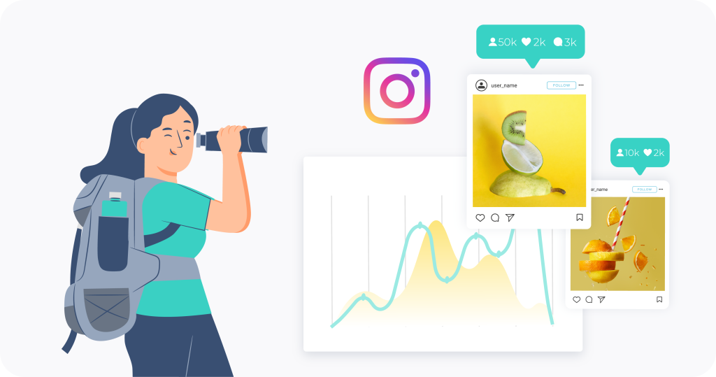 A woman with a backpack looking through binoculars at various Instagram posts and a graph. 
