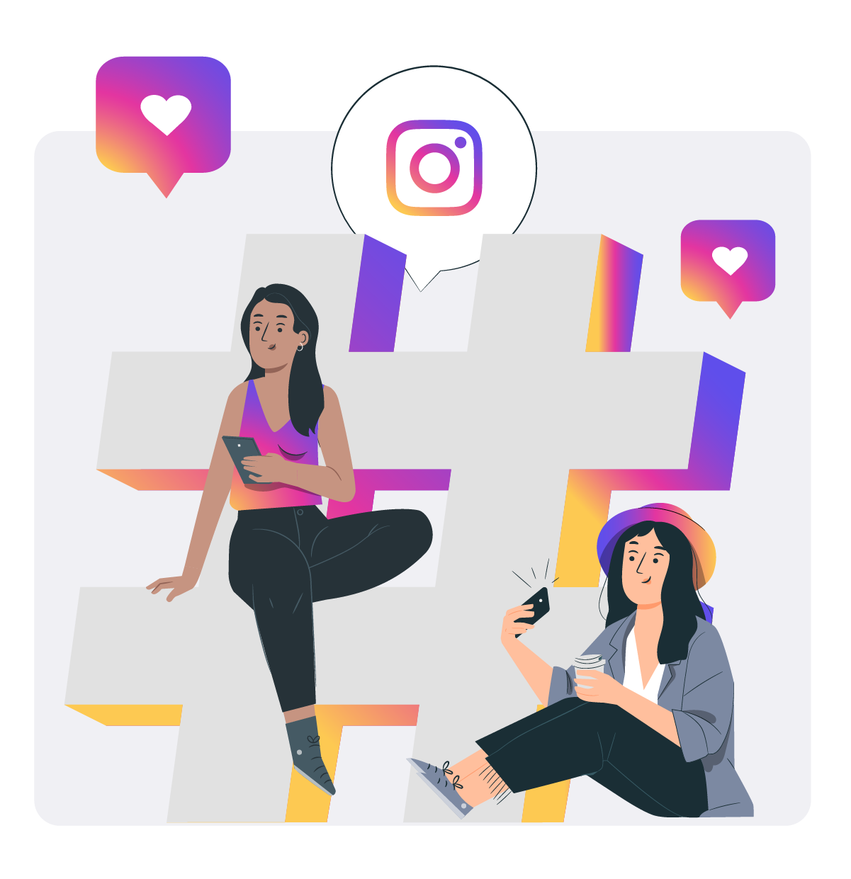 Dos mujeres sentadas sobre un hashtag con el logotipo de Instagram de fondo.