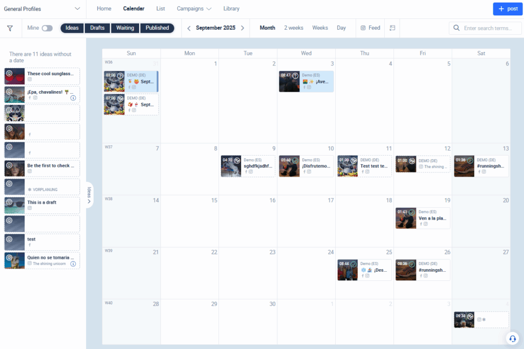 A social media content calendar inside a social media scheduling tool. 