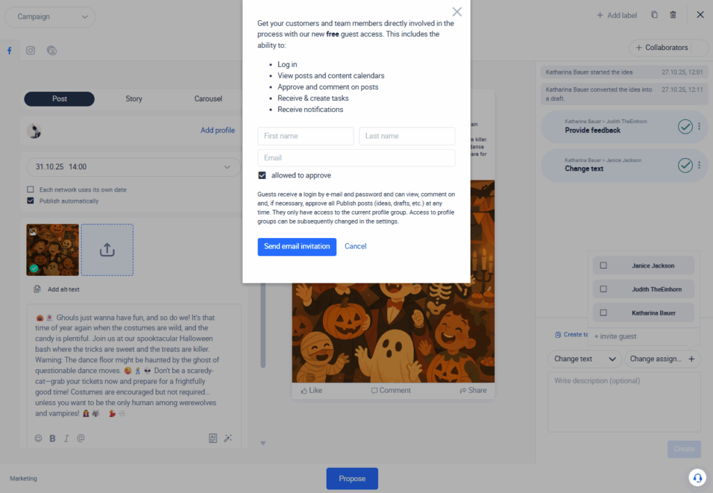 Arbeitet im Team mit einem Tool zur Planung von Social-Media-Beiträgen.
