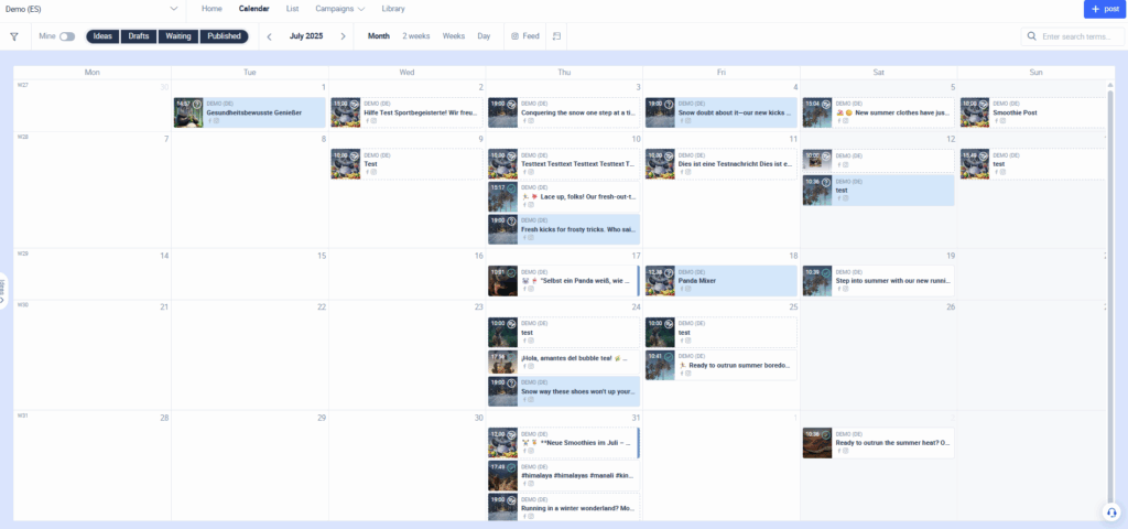 Un calendario de contenidos de una herramienta de redes sociales.