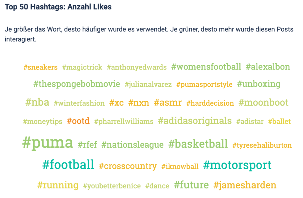 Wortwolke mit den Hashtags mit den meisten Likes.
