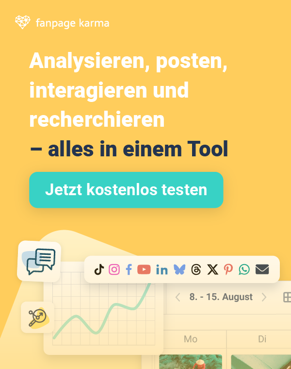 Ein Banner für ein Tool zur Social-Media-Analyse, Publishing, Community Management und Recherche neben einem Content-Kalender, einem Diagramm und einem Button für eine kostenlose Testversion.