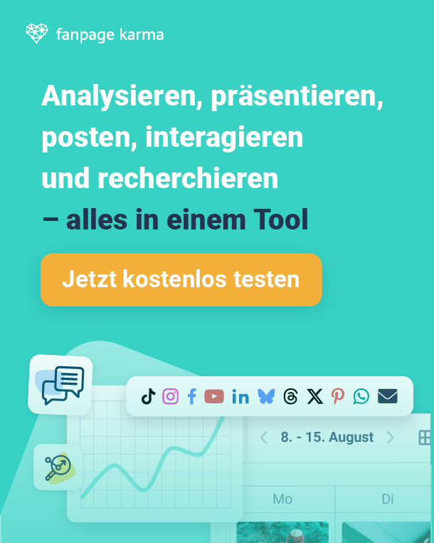 Ein Social Media Tool zum Analysieren, Präsentieren, Posten, Interagieren und Recherchieren in sozialen Netzwerken und ein Button für eine kostenlose Testversion.