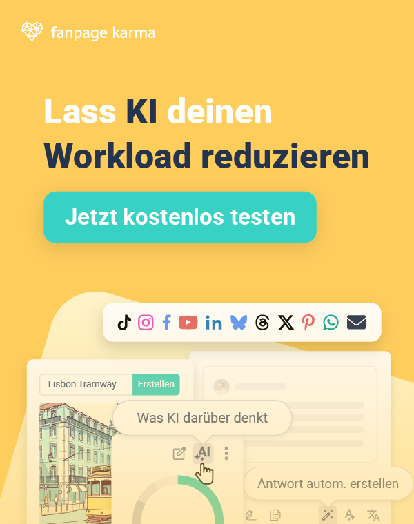 Banner über KI-Unterstützung beim Social-Media-Management und ein Button für eine kostenlose Testversion.