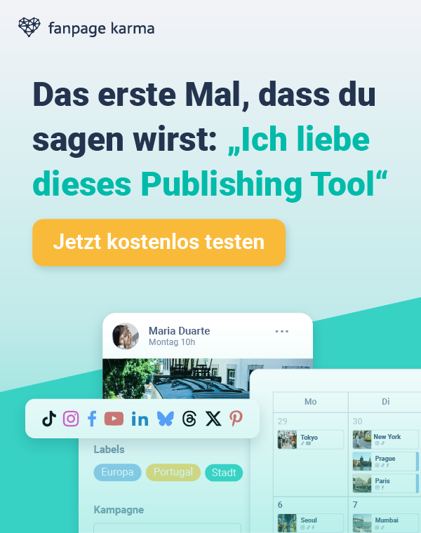 Banner für ein Social Media Content Tool mit einem Button für eine kostenlose Testversion.