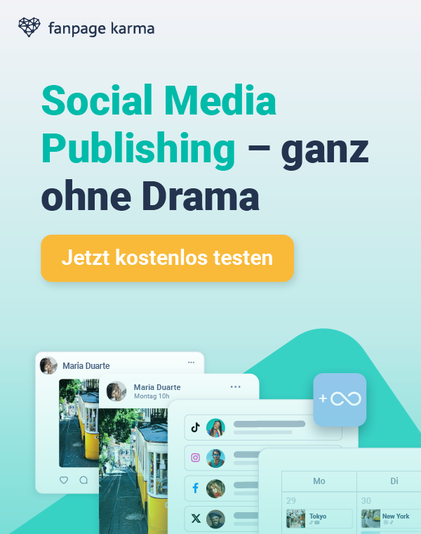 Banner über Social Media Posts ohne Drama mit einem Button für eine kostenlose Testversion.