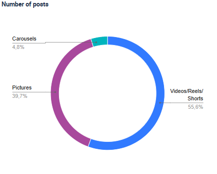Donut chart titled ‘Number of posts’ showing video posts as the largest share at 55%, followed by picture posts at 40% and carousel posts at 5%.