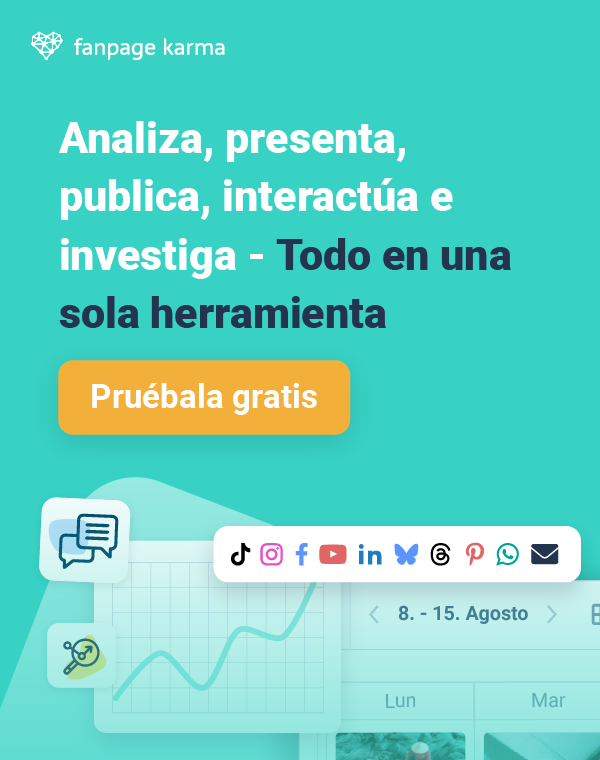 Una herramietna de redes sociales para analizar, presentar, publicar, interactúar, publicar e investigar en redes sociales y un botón de prueba gratuita.