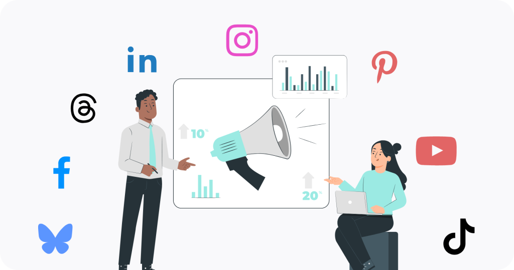 Two people managing multiple social media profiles.