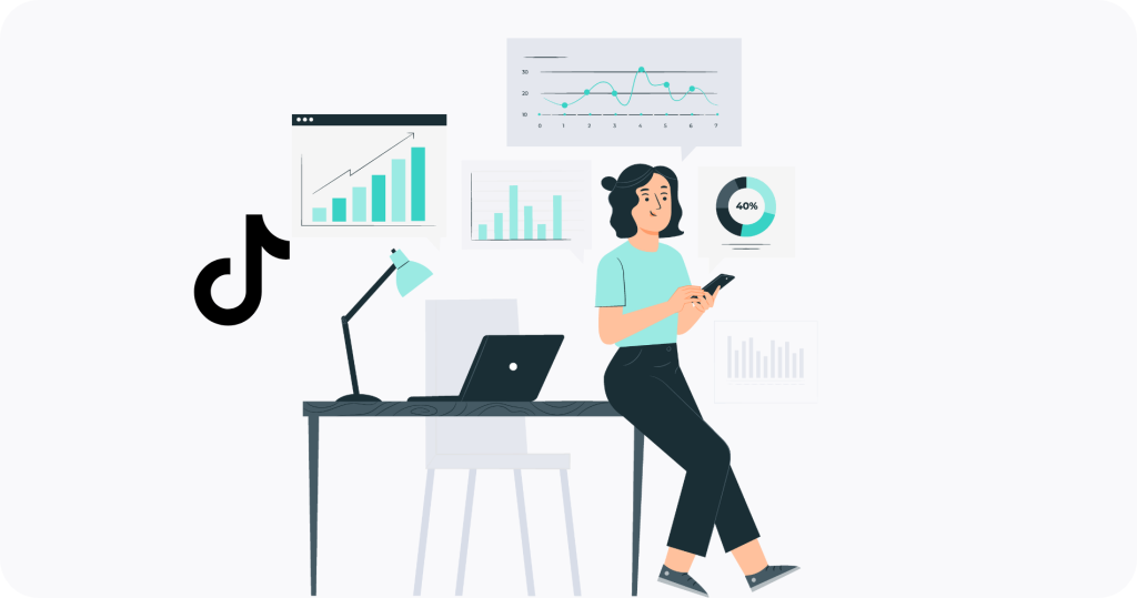 A woman performing a TikTok competitor analysis sitting on a desk .