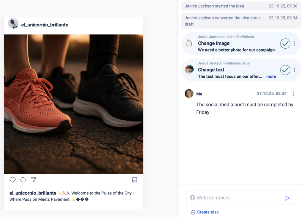 Instagram post scheduling and collaboration between coworkers. 