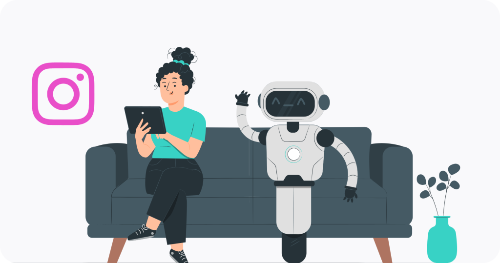 A woman sitting on a couch between an Instagram logo and a robot. 