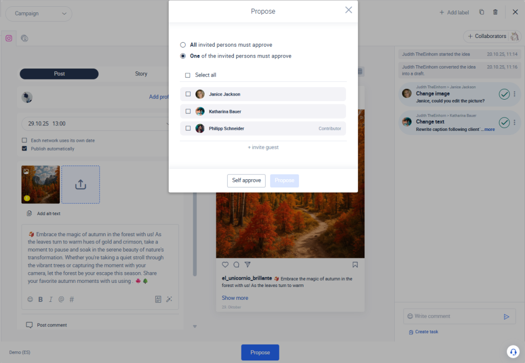 Team-Genehmigungen beim Veröffentlichen eines Beitrags.