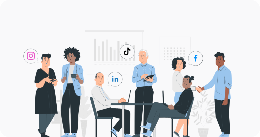 A team of seven working on a social media kampagne 