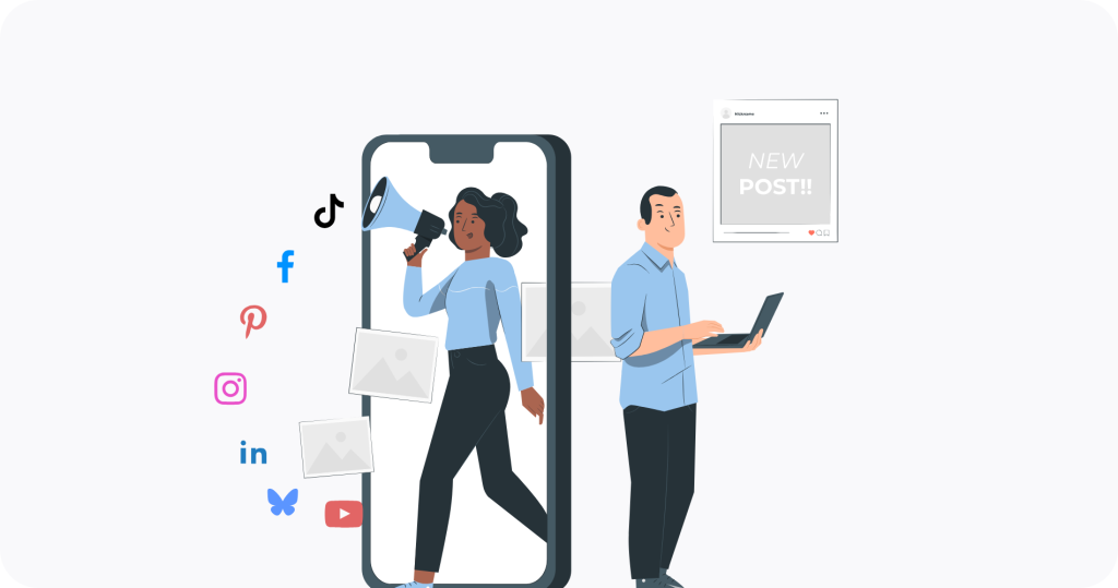 Zwei Leute, die mit einem Tool in den sozialen Medien posten.