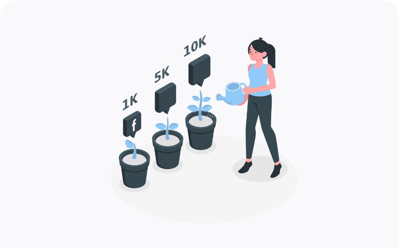 A woman watering Facebook plants for organic growth.