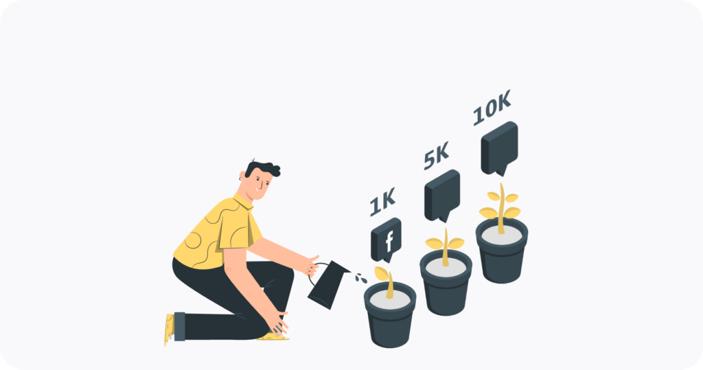 Un hombre regando unas plantas con un logo de Facebook. 