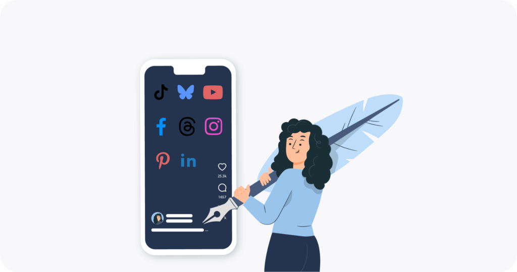 A woman writing social media captions on a massive phone.