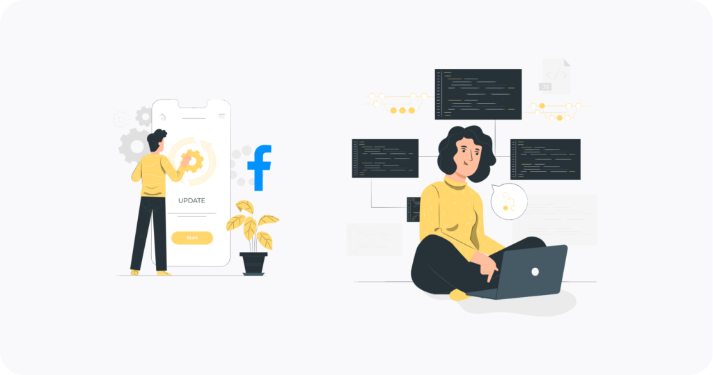 A woman and a man learning about the newest facebook algorithm update and applying their knowledge to gain deeper insights from their social media analytics.