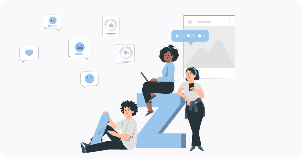 Jóvenes sentados junto a símbolos de las redes sociales.