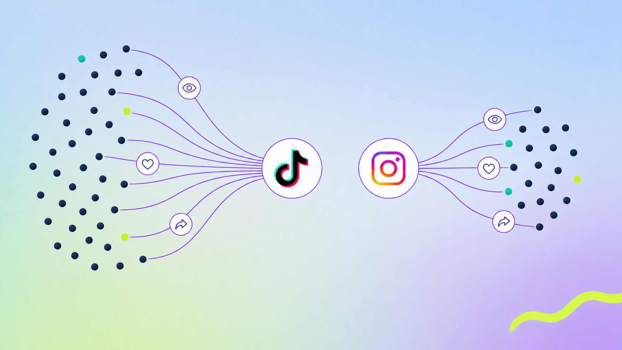 Se muestran líneas que parten de las fotos de perfil de Instagram y TikTok