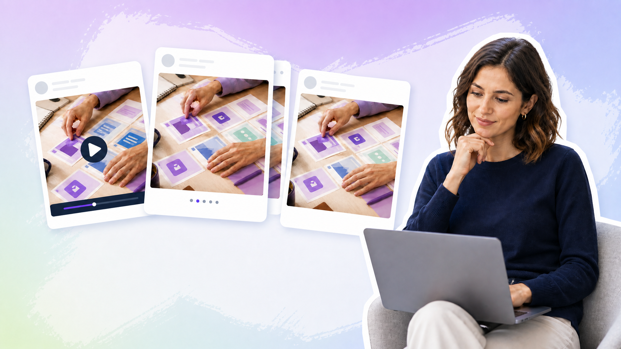 Eine Frau schaut auf einen Laptop neben drei Social-Media-Beiträgen in unterschiedlichen Formaten.