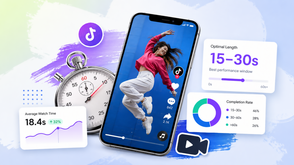 TikTok video on a smartphone with analytics showing optimal video length, average watch time, and completion rates