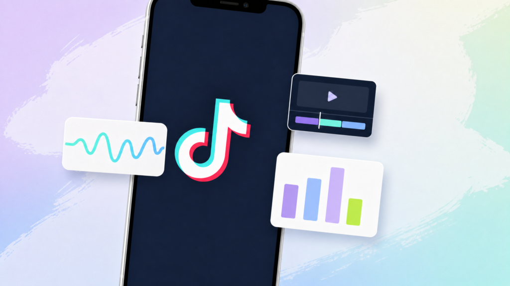 TikTok auf einem Smartphone mit visuellen Elementen für Videobearbeitung, Audio und Performance-Analysen