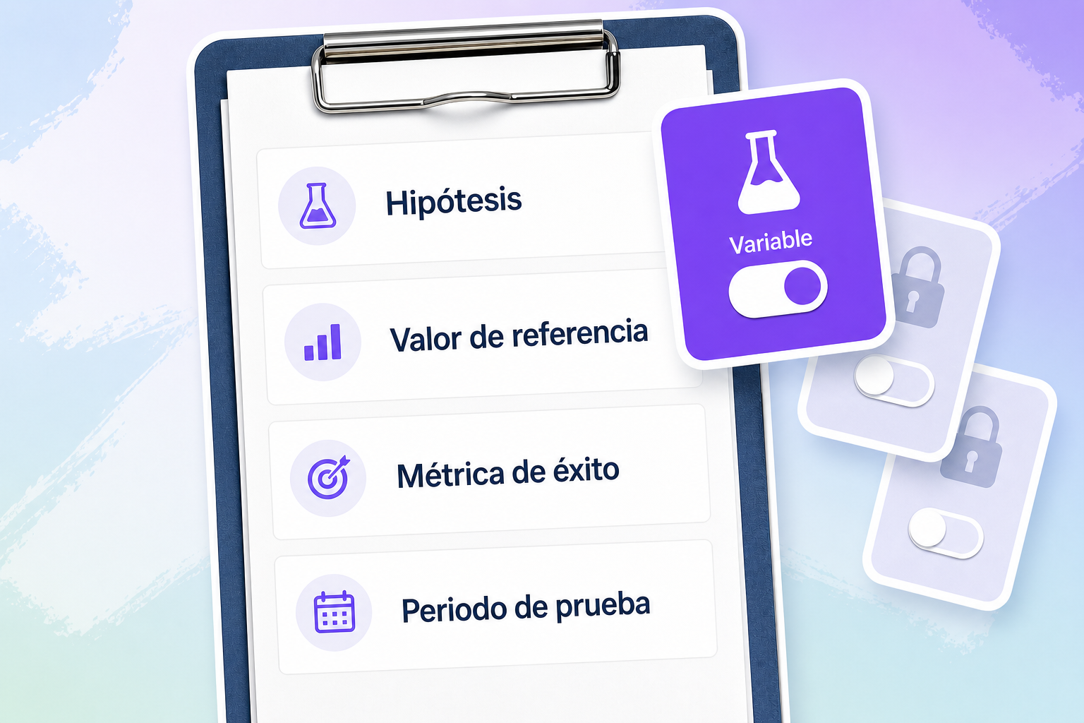 Un portapapeles enumera Hipótesis, Valor de referencia, Métrica de éxito y Periodo de prueba junto a una variable activa y dos condiciones bloqueadas