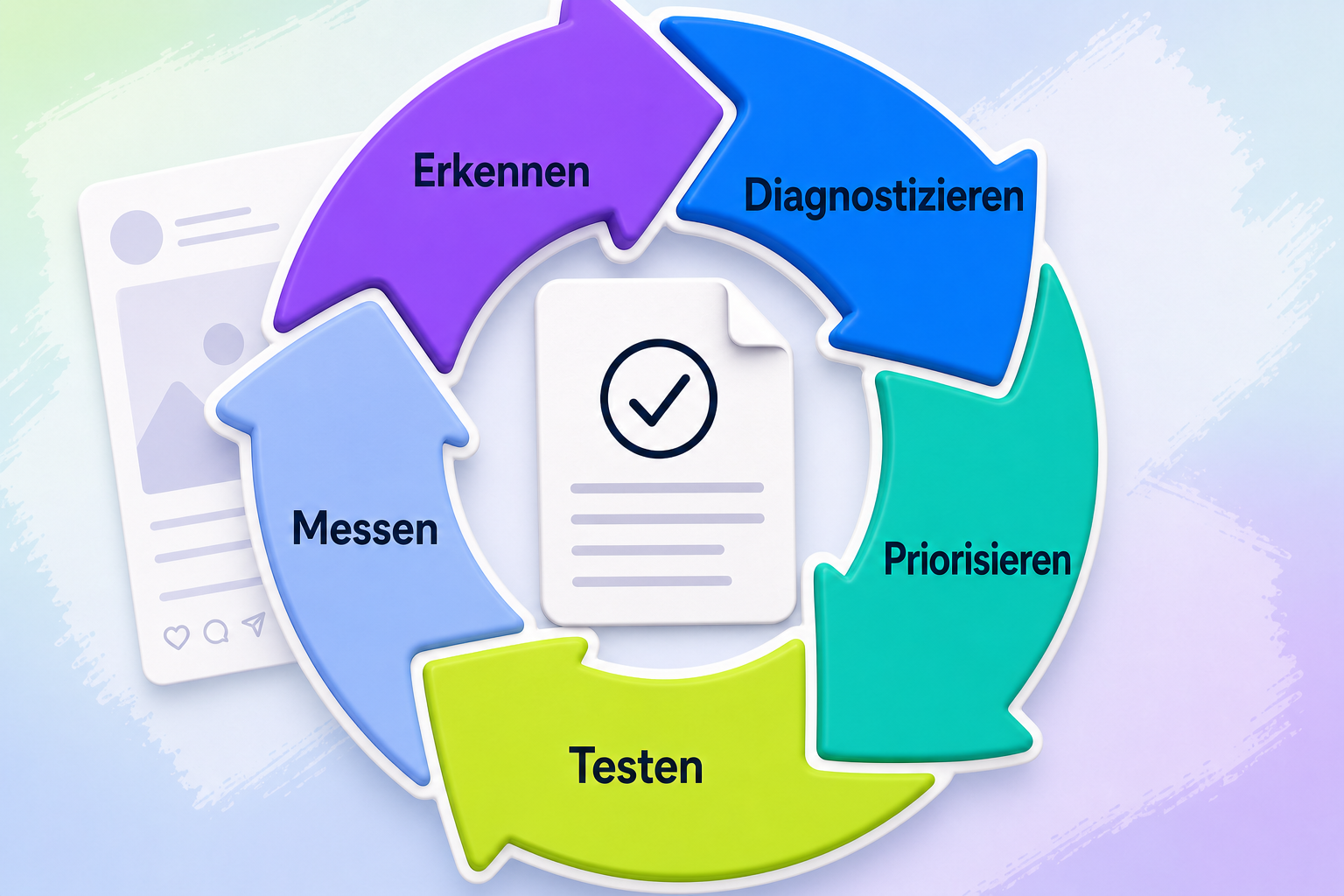 Ein kreisförmiger Ablauf mit den Schritten „Erkennen“, „Diagnostizieren“, „Priorisieren“, „Testen“ und „Messen“ umgibt eine Dokumentationskarte mit Häkchen.