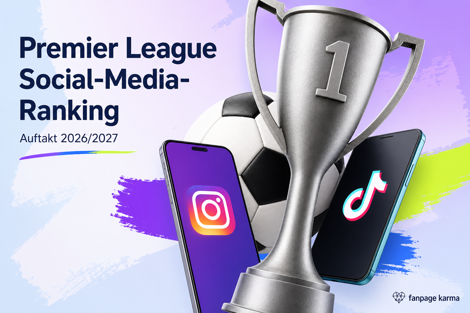 Editoriale Collage aus Fußball, Ranking-Pokal und Smartphones mit Instagram- und TikTok-Logo vor einem pastellfarbenen Hintergrund.